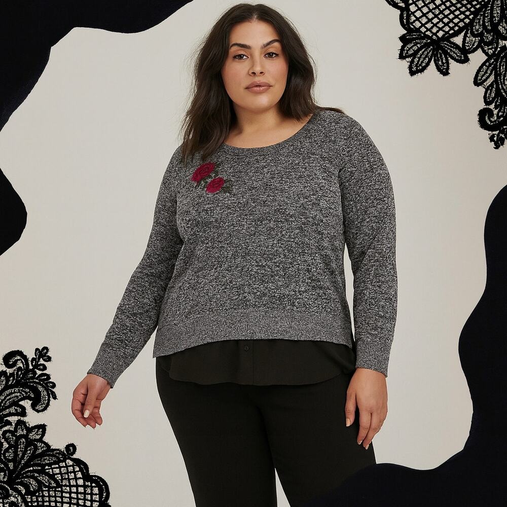 Torrid Marled Sweater Chiffon Underlay Womens Sz 2X Embroidery Fall Whimsigoth